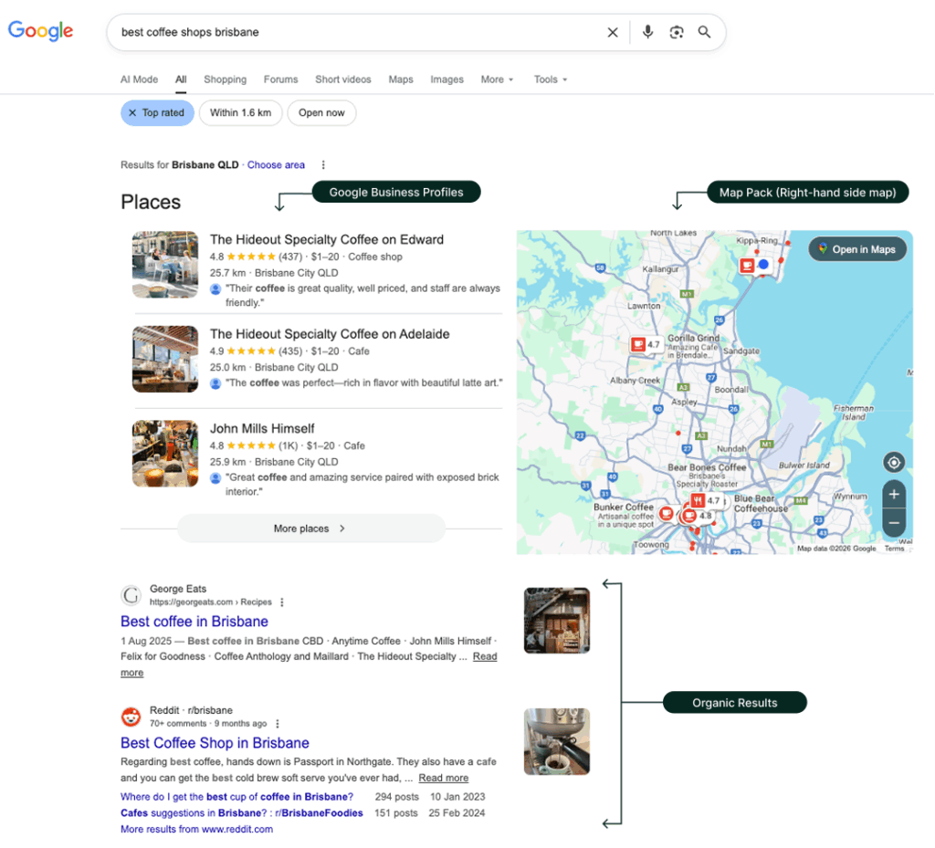 best coffee shops Google search results